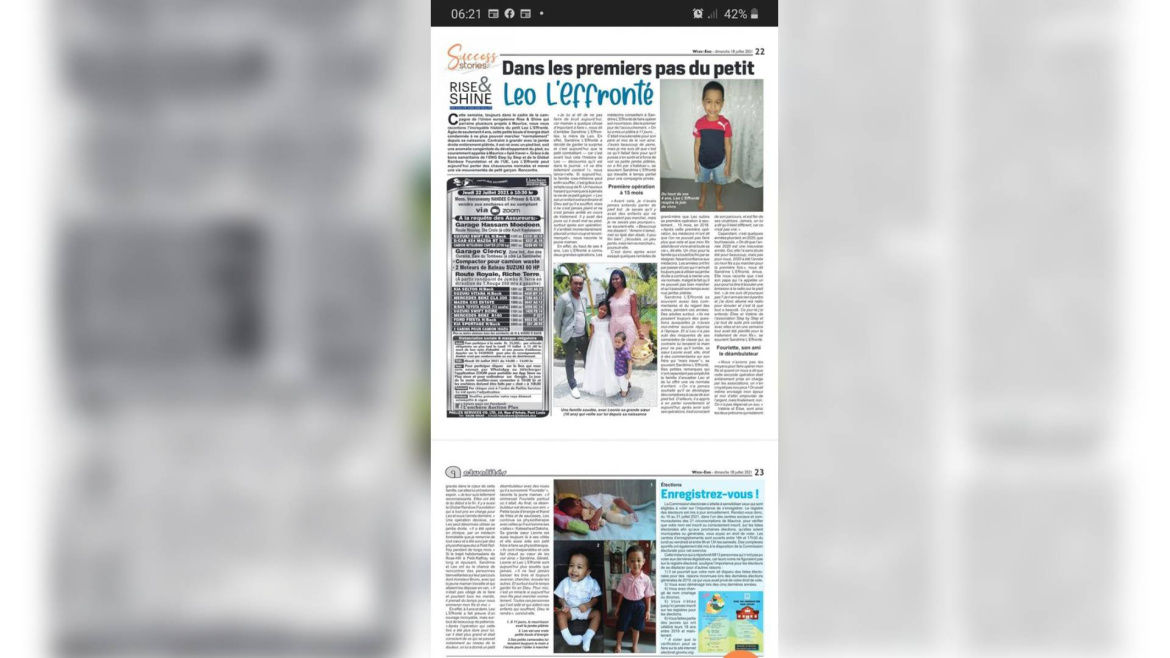 Article paru dans le Week-end du 18 juillet sur un de nos bénéficiaires du pied bot